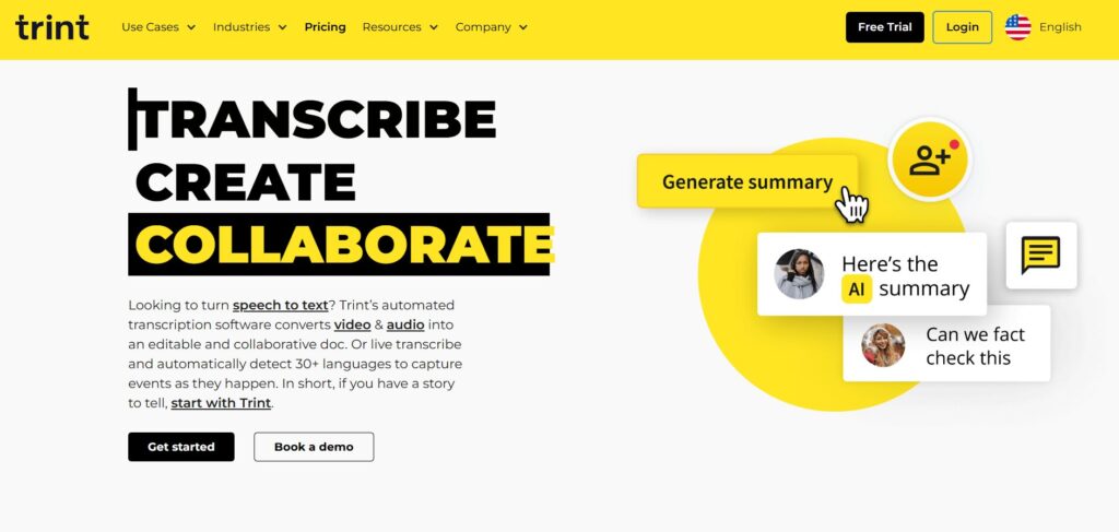 transcribe create collaborate - trint