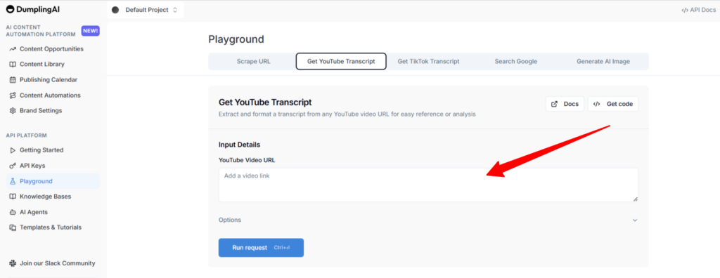 get youtube transcript on dumpling ai