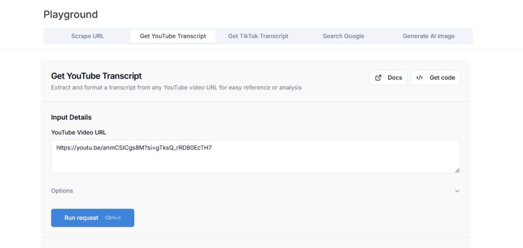 pasting link in dumpling ai get youtube transcript field