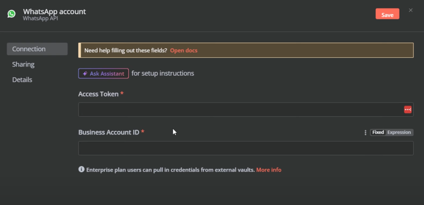 create new credentials using the access token and business account